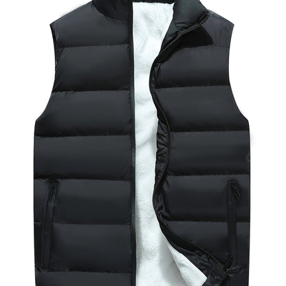 Men's Solid Sleeveless Stand Collar Down Jacket Vest With Zip Up And Pockets, Casual And Warm Tops For Autumn And Winter Wear
