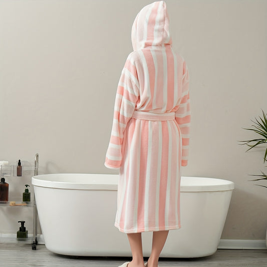 1pc Soft Striped Polyester-Microfiber Bathrobe, Contemporary Knit Fabric Design, Low Linting, Quick-Dry Long Sleeve with Hood for Men and Women - Cozy Absorbent Space Theme Towel Robe for Dorm & Couples, 300gsm