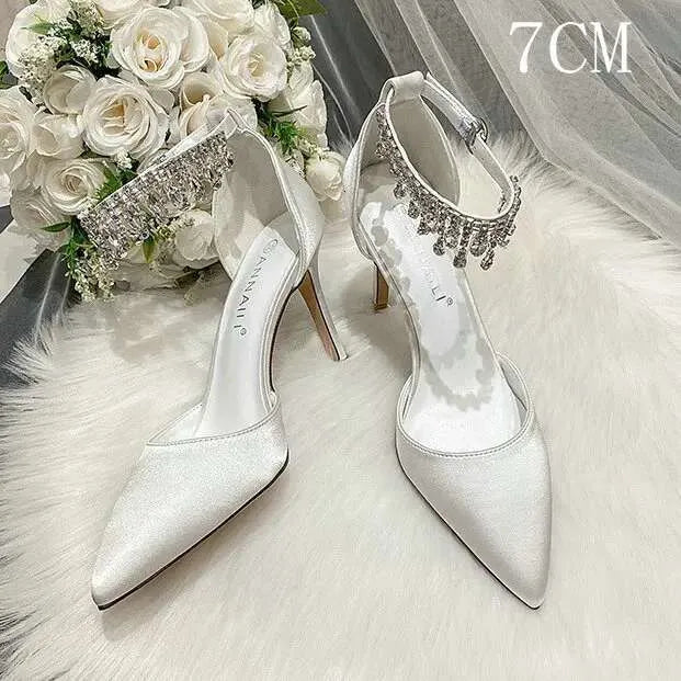 White Wedding Heels Women's Stiletto Bridal With Rhinestone Chain Pointed Toe Sandal Bridesmaid Shoes Kq8