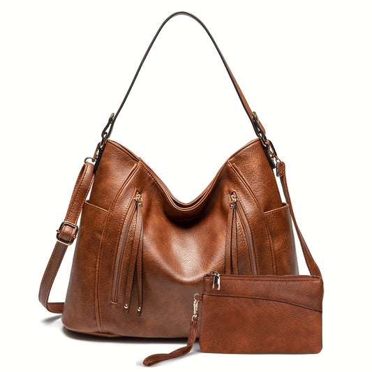 Large Capacity Solid Color Shoulder Bag - Totes for Casual Ladies with Pu Crossbody Design