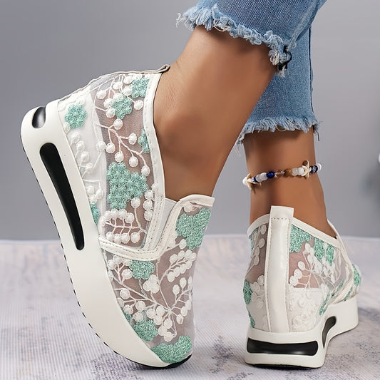 Womens Floral Lace Charm - Casual Height Enhancing Slip-On Shoes with Stylish Platform - Versatile Low Top for Everyday Elegance