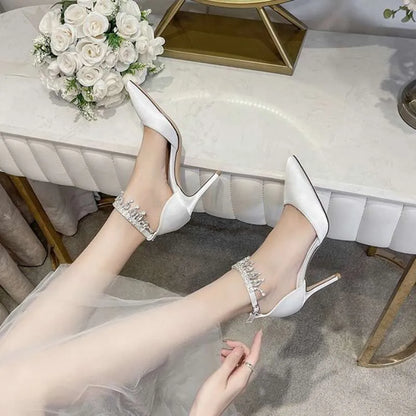 White Wedding Heels Women's Stiletto Bridal With Rhinestone Chain Pointed Toe Sandal Bridesmaid Shoes Kq8