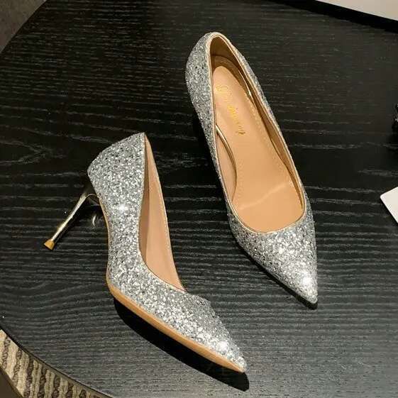 New French Bridal Wedding Crystal Sequin Pumps Glitter Pointy High Bridesmaid Shoes Slim Heels Kq8