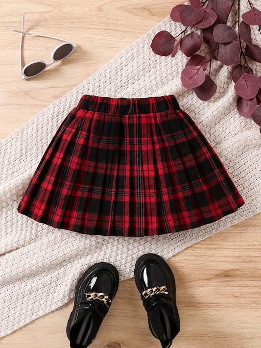 Chic Red Plaid Pleated Skirt for Girls - Perfect Christmas & Birthday Gift, Versatile Preppy Style, Machine Washable