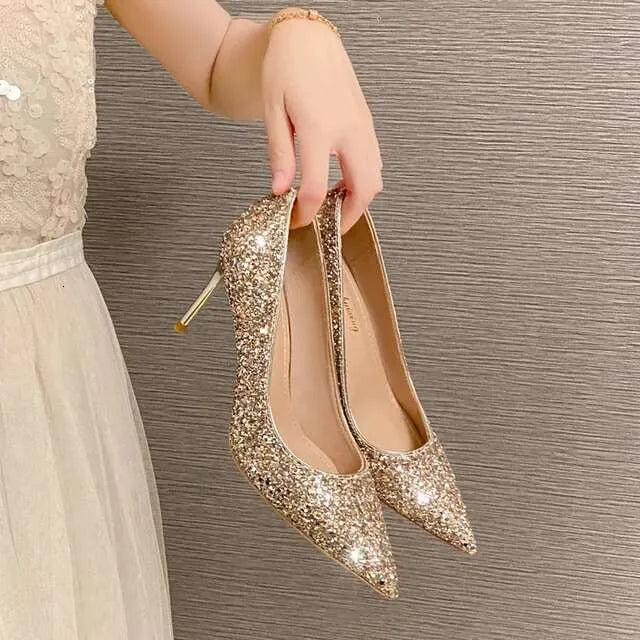 New French Bridal Wedding Crystal Sequin Pumps Glitter Pointy High Bridesmaid Shoes Slim Heels Kq8