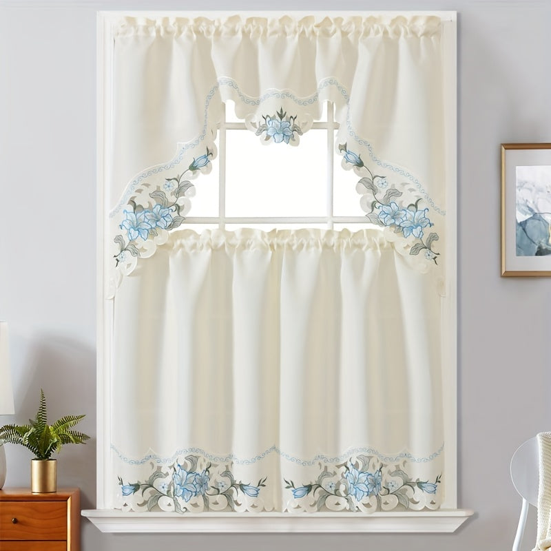 3-Piece Polyester Beige Floral Embroidered Window Curtains - Perfect for Home Decoration in Bedroom, Living Room, Kitchen & More!