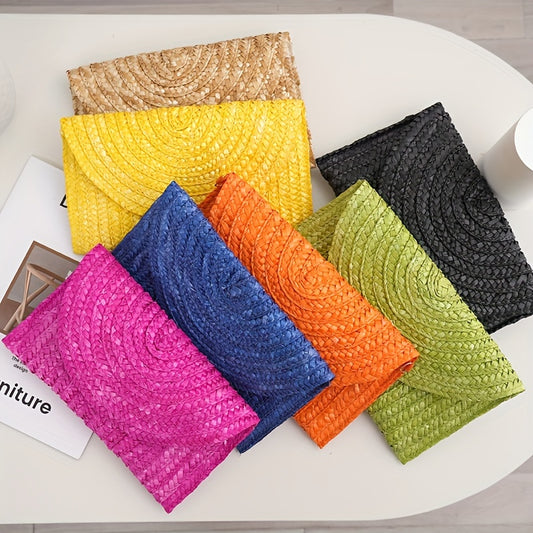 Stylish Solid Color Sorghum Stalks Woven Envelope Clutch Purse for Women - Buckle Closure, Lined Interior, Classic Flap Design - Perfect for Everyday Use