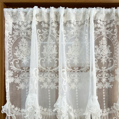 1pc Exquisite French Double Beaded Ruffled Lace Short Curtain Valance - Embroidered Tulle Design, Pocket Top, Half Curtain Rod, Decorative Door Curtain for Kitchen, Small Window, Living Room, Office, and Home Decor