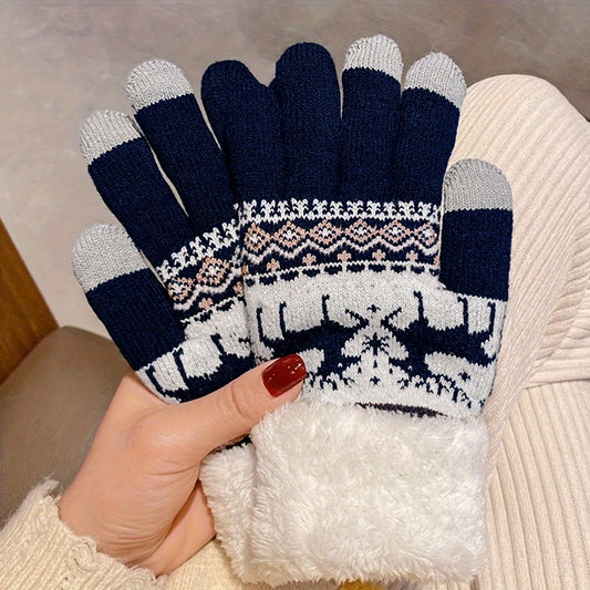 Cozy Fleece-Lined Winter Gloves with Cute Deer Jacquard Design - Touchscreen Compatible, Warm & Windproof for Outdoor Activities