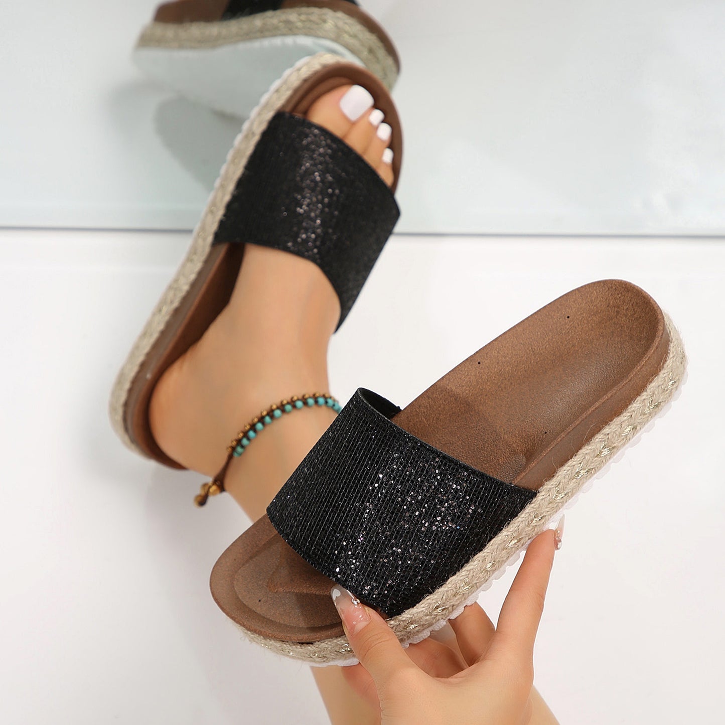 Women's Glitter Sandals Open Toe Glitter Insole Comfortable Suede Slippers Women's Midsole Flat Slippers