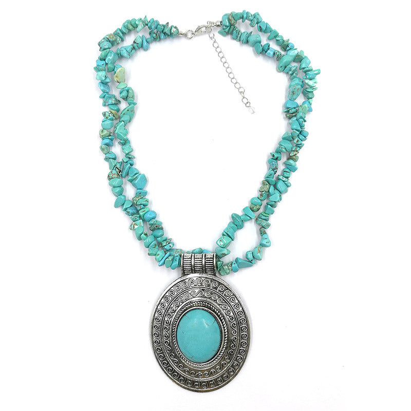 Cross-Border Hot Classic Retro Jewelry Turquoise Gravel Necklace HOTan and NEWn Retro Antique Silver Necklace 2 Colors Available