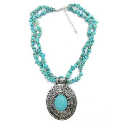 Cross-Border Hot Classic Retro Jewelry Turquoise Gravel Necklace HOTan and NEWn Retro Antique Silver Necklace 2 Colors Available