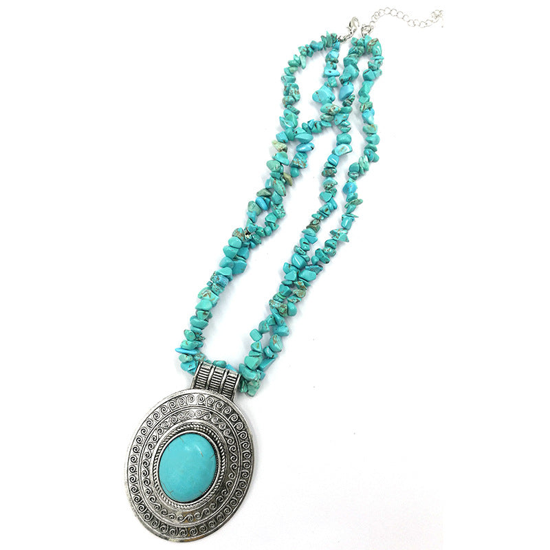 Cross-Border Hot Classic Retro Jewelry Turquoise Gravel Necklace HOTan and NEWn Retro Antique Silver Necklace 2 Colors Available