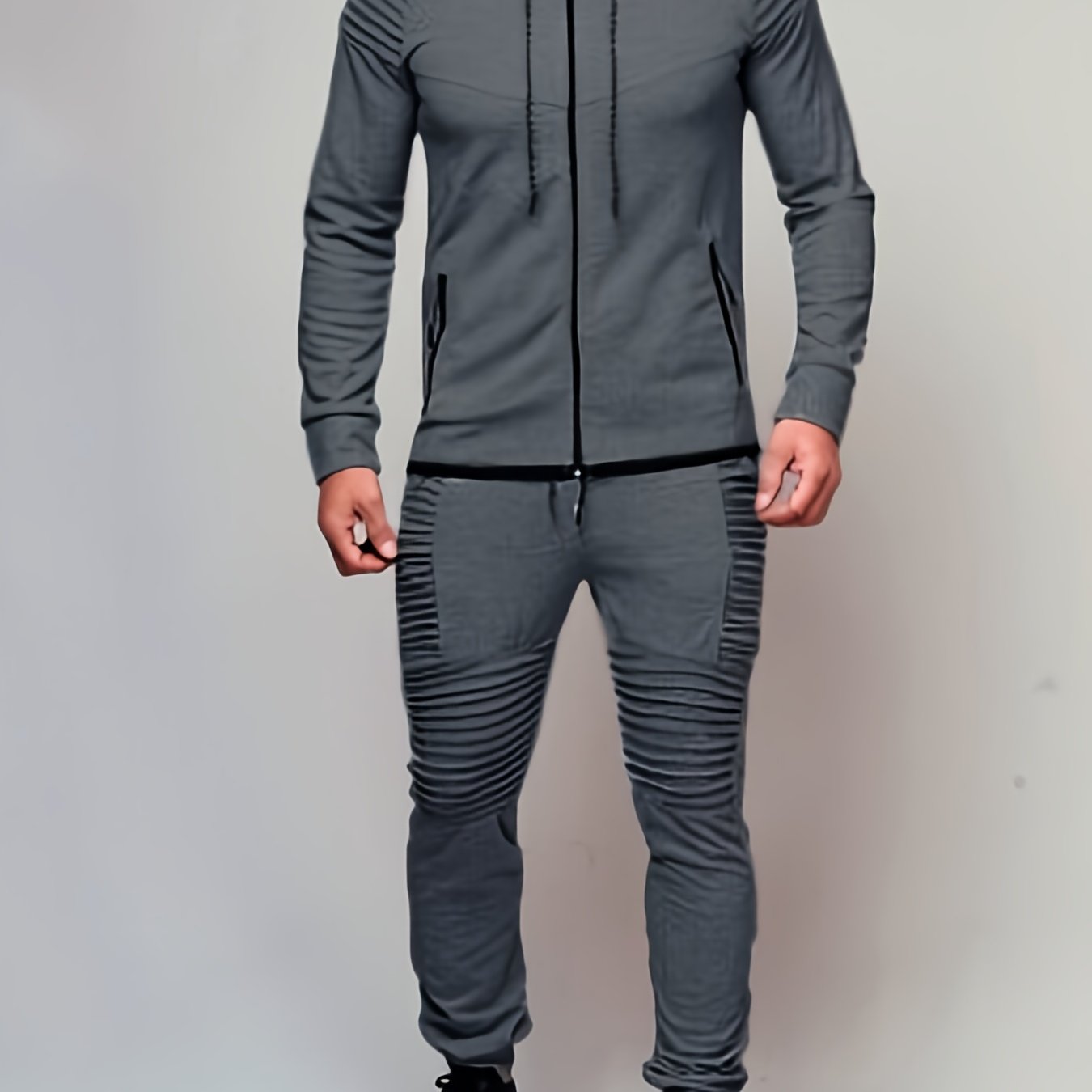 2PCS Mens Casual Sweatsuits - Solid Color Long Sleeve Hoodie with Zip Pockets and Relaxed Fit Straps Pants for Everyday Wear - Comfortable and Stylish Loungewear Set