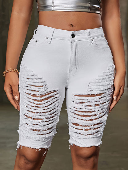 Womens Fashion-Forward Distressed Denim Shorts - Trendy Ripped Mid Waist Bermuda Style - Perfect for Summer, Chic Streetwear Look