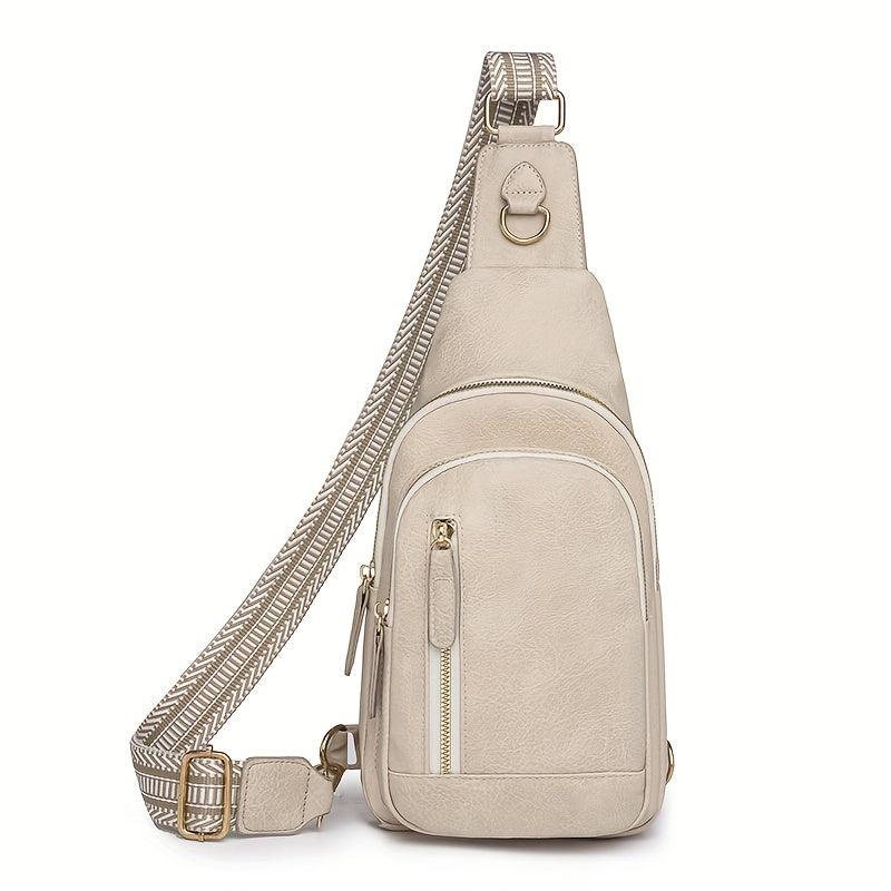 Vintage Multi-Pocket PU Leather Women's Chest Bag, Zipper Crossbody Shoulder Bag for Leisure Sports