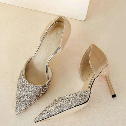 Glitter Pointy Heels Women's New Shallow Mouth Pumps Temperament Fairy Wind Party Hollow French Sandals Kq8