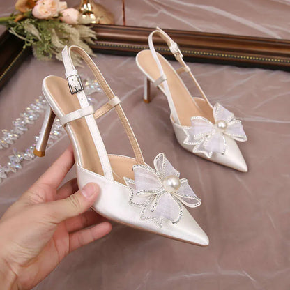 White Butterfly-Knot Wedding Satin High Heels Women New Bridal Shoes Fairy Wind Kq8