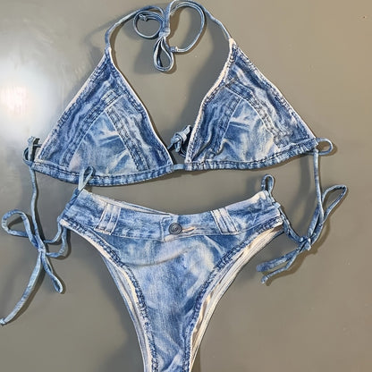 Chic Faux Denim Print Triangle Bikini Set - Flattering Halter Tie Straps, Sexy Backless Swimsuit - Womens Beachwear Clothing