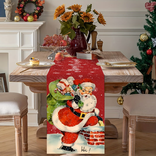 Vintage Country Style Santa Claus Chimney Christmas Table Runner - Polyester, Perfect for Holiday Parties & Home Decor Holiday Decorations