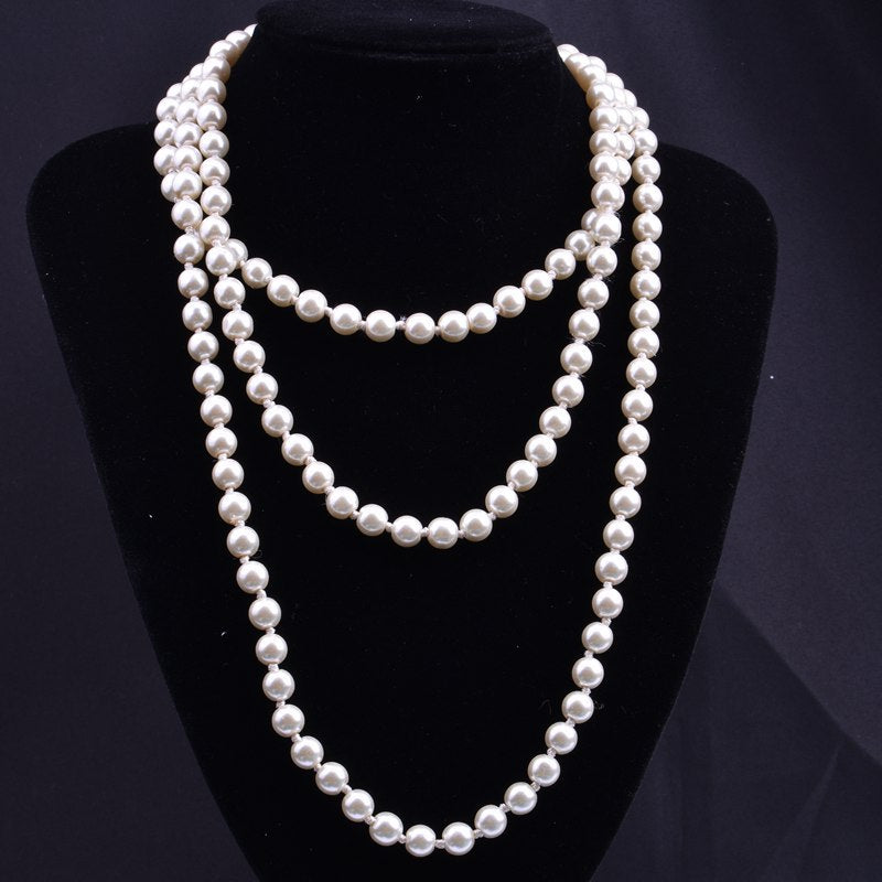 VAKKV European and American Fashion Glass Imitation Pearl Necklace Women's Simple Knot Multi-Layer Long Sweater Chain Clothing Accessories Wholesale