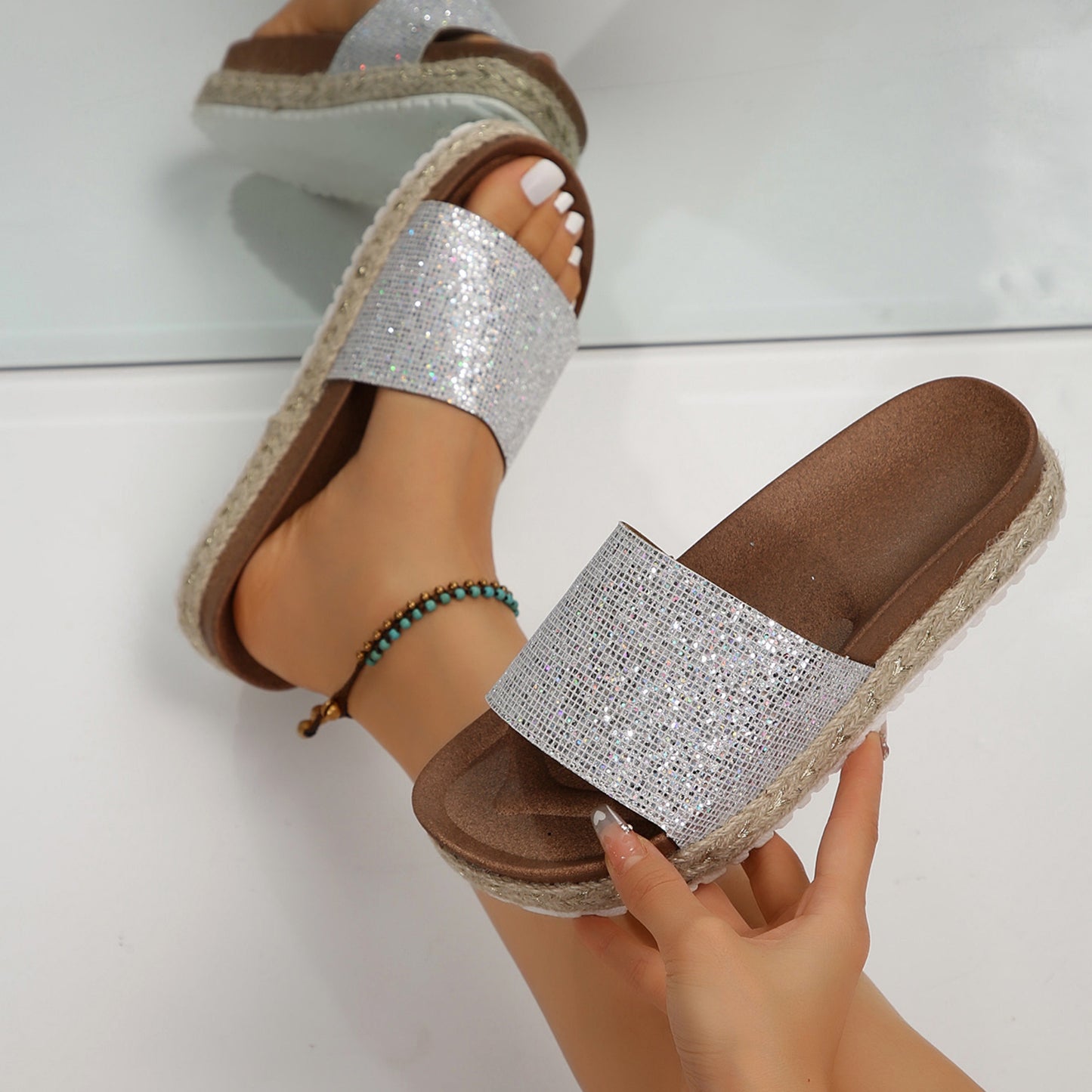 Women's Glitter Sandals Open Toe Glitter Insole Comfortable Suede Slippers Women's Midsole Flat Slippers