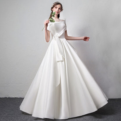 VAKKV  Satin Wedding Dress  New Summer Bridal Wedding White Simple Princess off-Shoulder Slimming Wedding Dress for Women