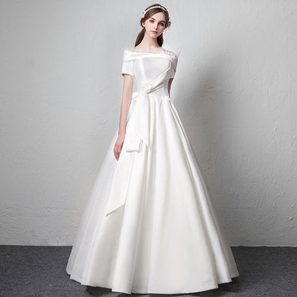 VAKKV  Satin Wedding Dress  New Summer Bridal Wedding White Simple Princess off-Shoulder Slimming Wedding Dress for Women