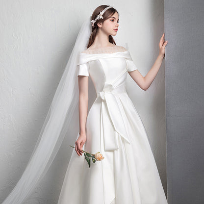 VAKKV  Satin Wedding Dress  New Summer Bridal Wedding White Simple Princess off-Shoulder Slimming Wedding Dress for Women