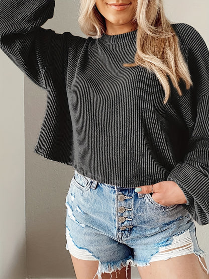 Chic Solid Knit Crop Sweatshirt - Fashionable Casual Style with Long Sleeves - Super Comfortable Loose Fit Womens Clothing