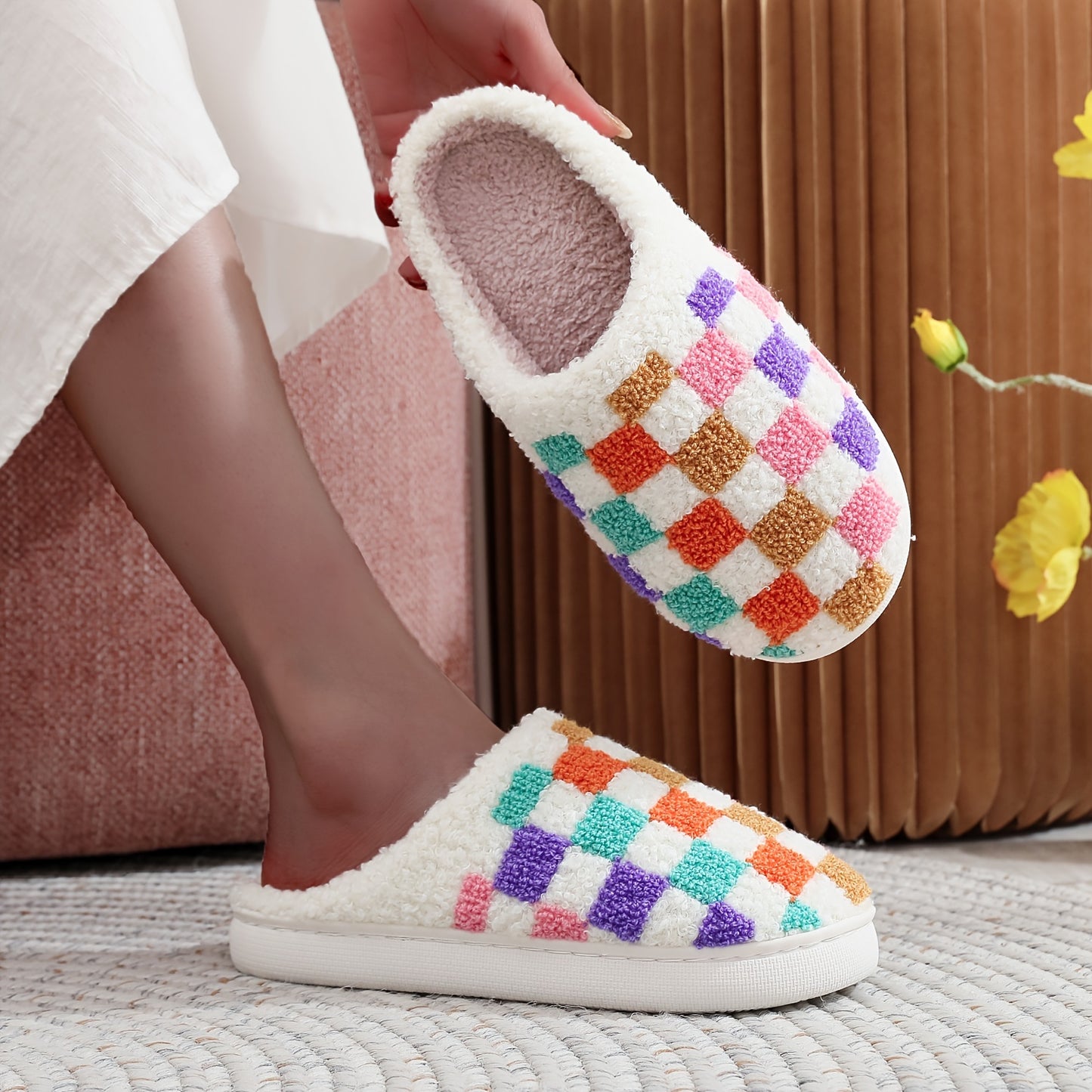 Vibrant Checkered Plush Slippers - Ultra Soft, Warm, and Cozy Indoor Shoes with Cushioned Insoles for Comfortable Walking - Perfect for Home, Lounge, or Leisure Activities