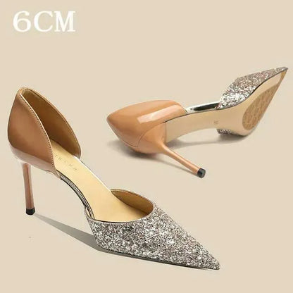 Glitter Pointy Heels Women's New Shallow Mouth Pumps Temperament Fairy Wind Party Hollow French Sandals Kq8