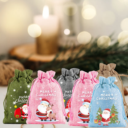 Christmas Burlap Drawstring Gift Bags - Linen Treat Sacks with Holiday Designs, Festive Party Favor Packaging, General Fit Occasion, Set of Assorted Christmas Themes (Santa, Snowman, Tree)