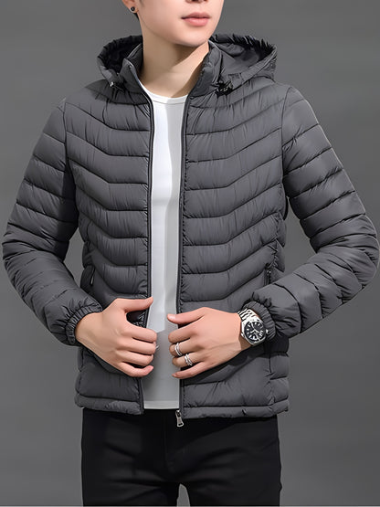 Men's Stylish Solid Puffer Coat With Pockets, Casual Breathable Stand Collar Zip Up Long Sleeve Warm Hooded Quilted Jacket For City Walk Street Hanging Winter Outdoor Activities