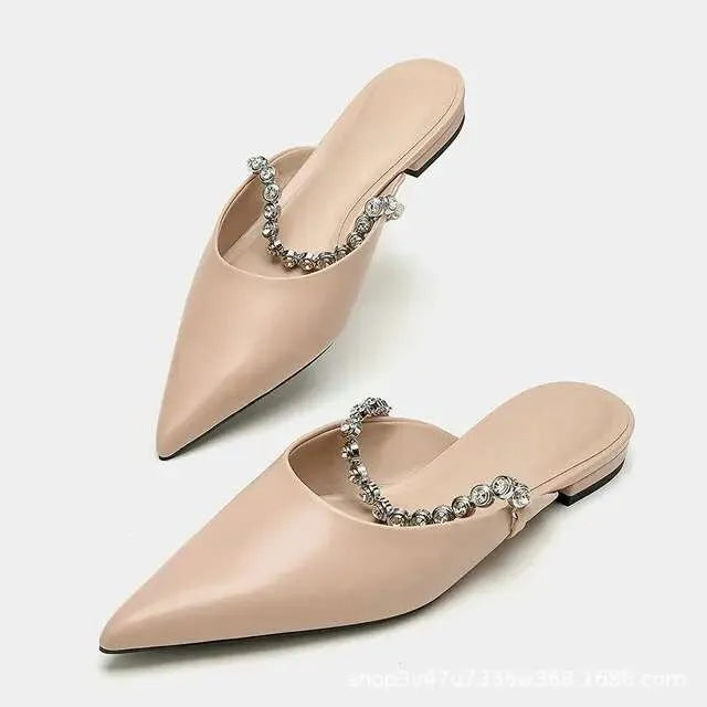 Pointe Rhinestone Heels  New Nude French Fairy Wind Baotou Half Slippers Women's Shoes Kq8