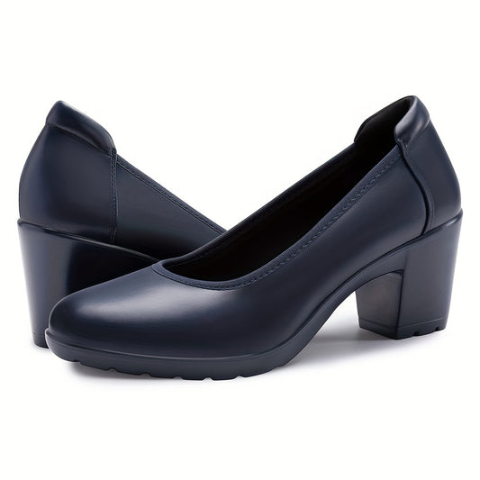 Womens Classic Round Toe Pumps - Cushioned Low Heel, Ultra-Comfortable - Durable Synthetic Leather, Perfect for Work & Dress - Timeless Style