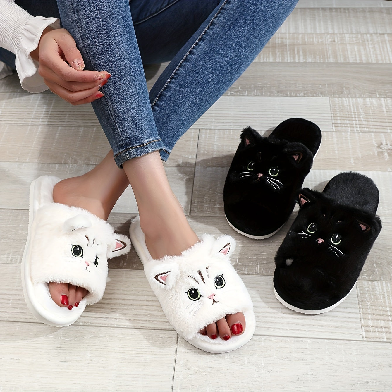 Cute Cartoon Cat Plush Slippers - Ultra Soft, Fuzzy, Warm, Non-Slip, Cozy, Comfy Indoor Bedroom Footwear with Fabric Insole and EVA Sole for Cold Winter Days