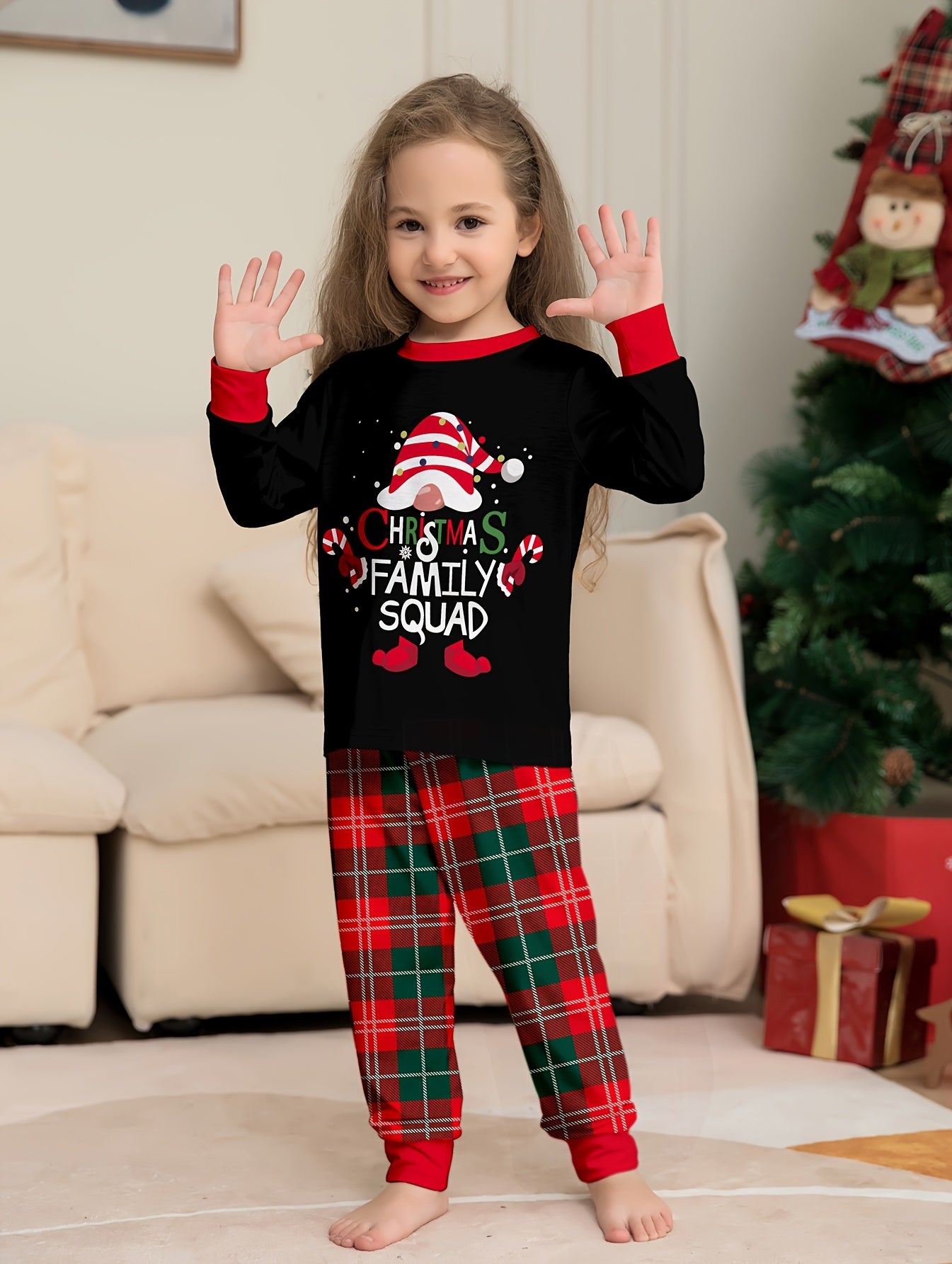 Youngsters' Cozy Christmas Pajama Set - Flame-Resistant, Long Sleeve & Plaid Pants with Festive Print for Boys and Girls, Perfect for Fall/Winter