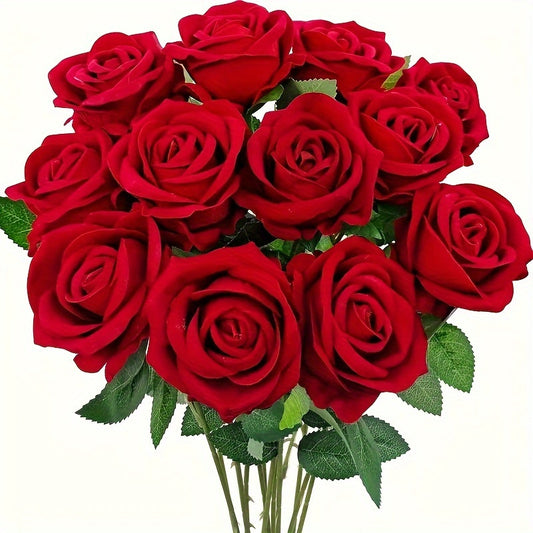 12pcs Vibrant Lifelike Artificial Red Roses Bouquet - Realistic Plastic Rose Stems with Delicate Petals for Romantic Decor, Versatile Floral Arrangement for All Occasions, Home, Office, Weddings, Parties - Durable, Reusable, and Easy to Clean Faux Flowers