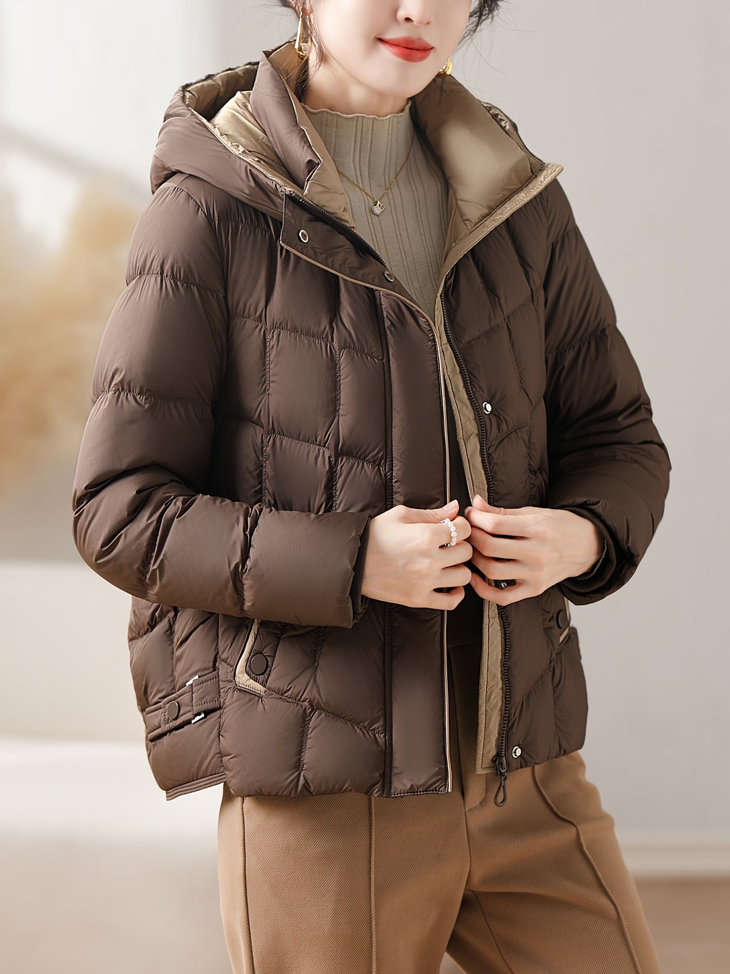 Winter New Arrival: Women's Puffer Jacket with Hood - Duck Down Filling, Polyester Fabric, Regular Fit, Long Sleeves, Zipper Closure, No Belt, Suitable for Fall/Winter Seasons