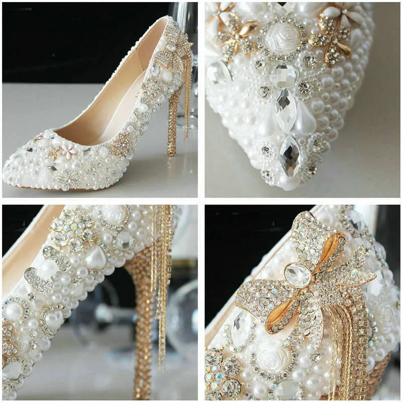 New Crystal Pumps Wedding Bride Pearl Rhine-Drill Sticky Drill Shoes White Pointed Fair High Heels Kq8