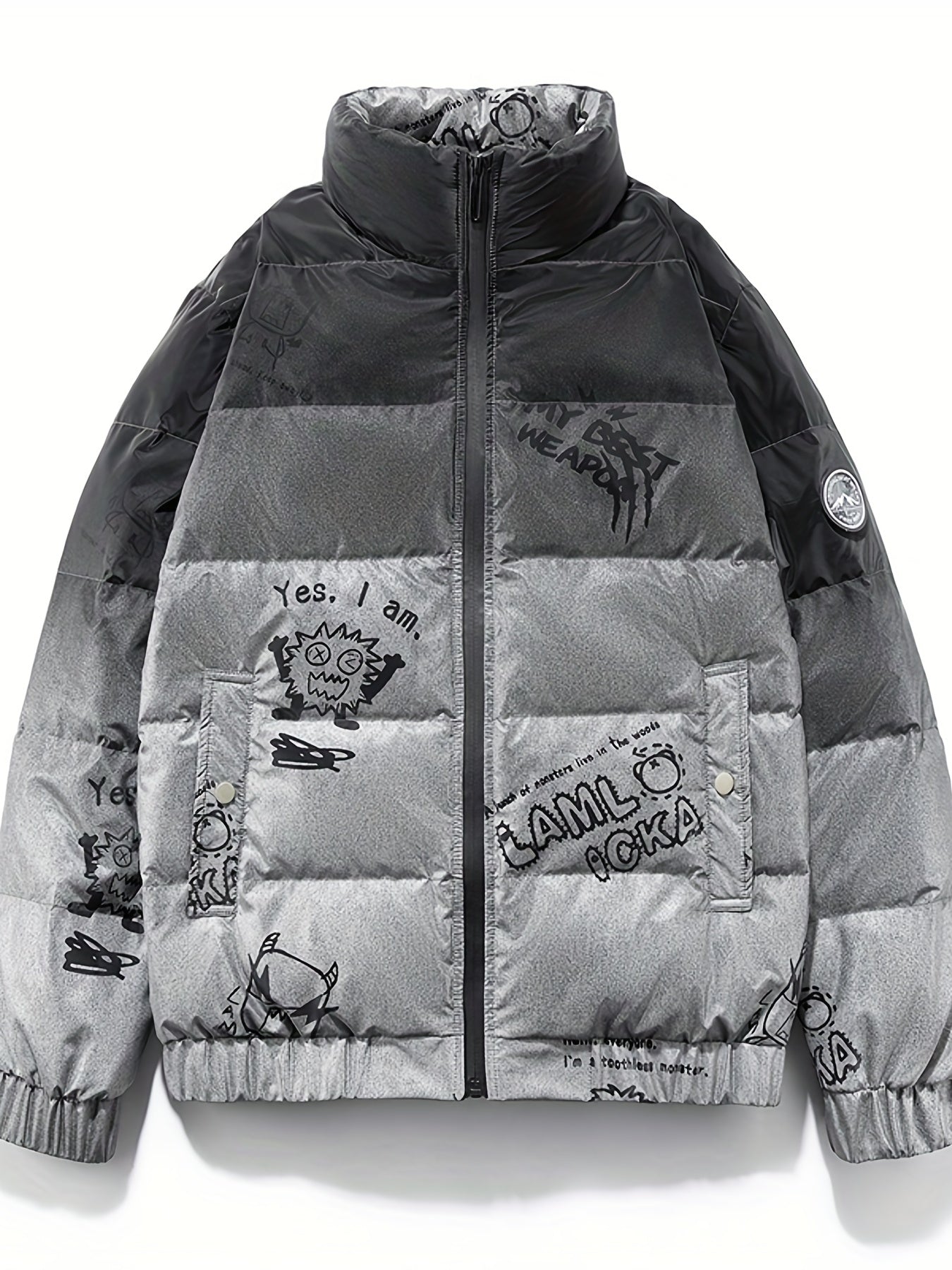 Chic Warm PU Puffer Jacket, Men's Casual Graffiti Graphic Print Stand Collor Duck Down Padded Coat For Fall Winter