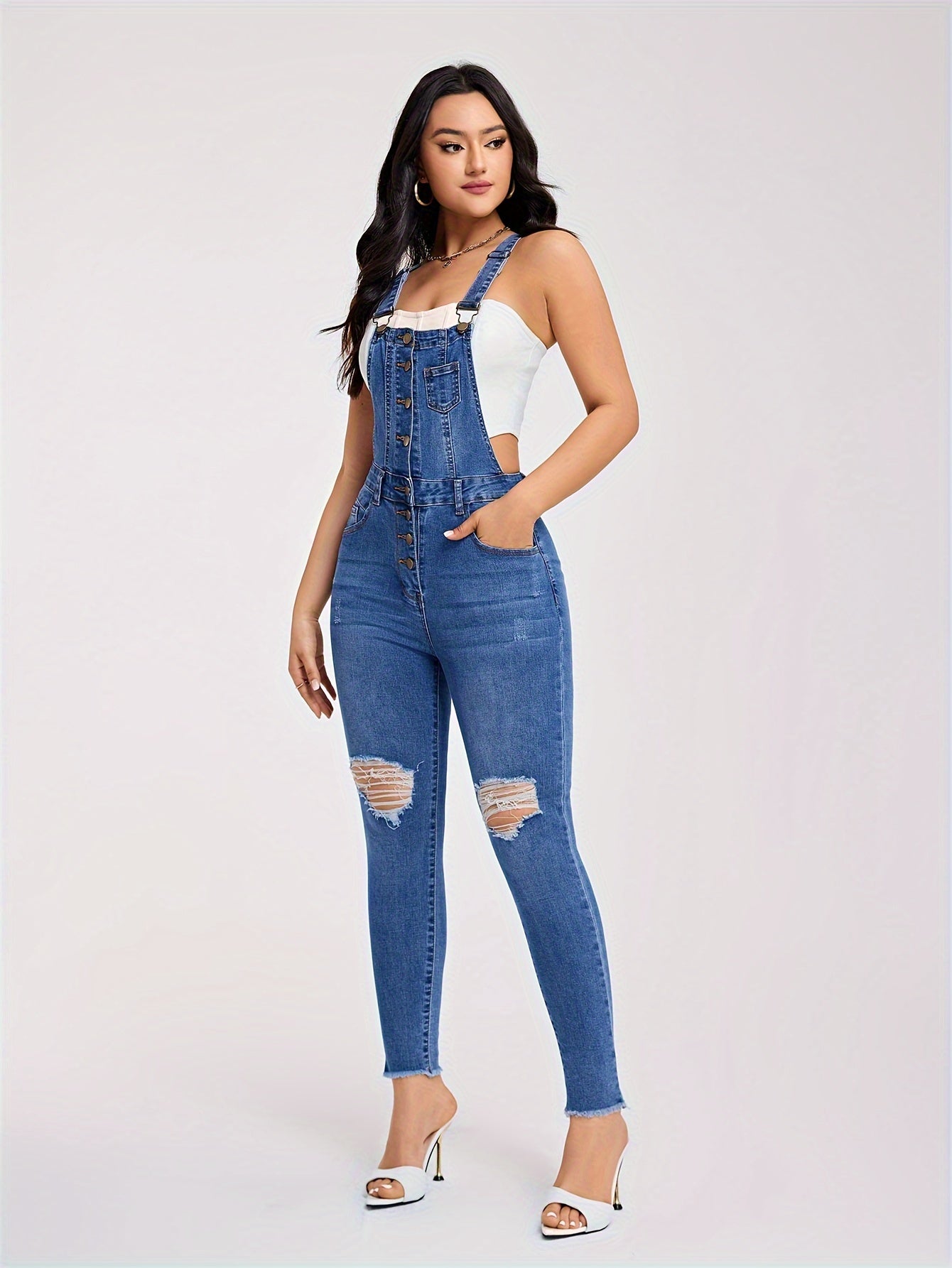 Chic Ripped Denim Overalls for Women - Adjustable Buckle-Strap, Comfort Stretch, Easy-Care | Casual Solid Color Jumpsuit for Spring to Fall