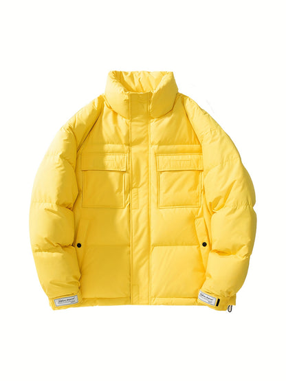 Men's Loose Solid Down Jacket With Pockets, Casual Breathable Lapel Zip Up Long Sleeve Warm Outwear For Winter Outdoor Activities