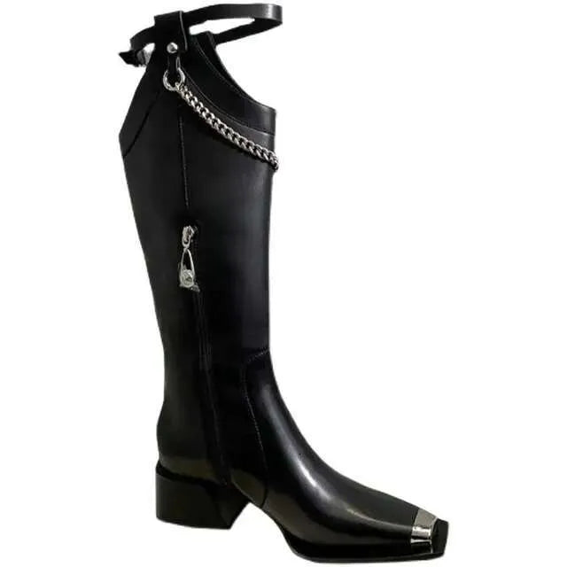 Women's Knee-High New Autumn And Winter Metal Chain Mid-Heel Square Toe Thick Heel High Boots Kq8