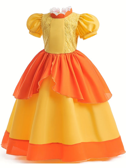 Girls Princess Dress Frill Neck Puff Sleeve Ruffle Skirt Lace Decoration Festival Party Dance Birthday Cosplay Costume Halloween Costume Kids Clothes mardi gras