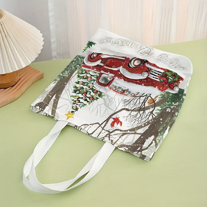 Christmas Print Tote Bag, Large Capacity Canvas Shoulder Bag, Causal Handbag & Grocery Shopping Bag