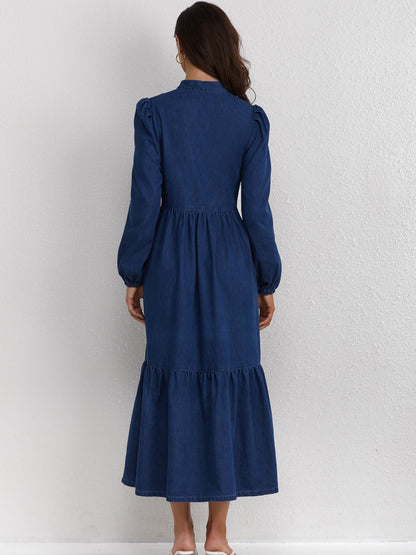 Elegant Style Plain Washed Blue Bowknot Tiered Layered Ruffled Puff Long Sleeve Maxi Denim Dress, Women's Denim Jeans & Clothing