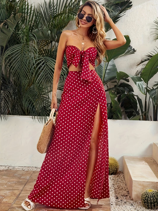 Flirty Polka-dot Crop Top & Maxi Skirt Set - Romantic Sweetheart Knot Detail, A-line Split Hem, Perfect Vacation Outfit for Women