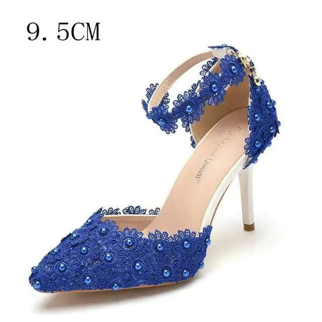 9Cm White Lace Wedding One Word Buckle Strap Thin Heels Pointed Toe Bride Female Sandals Bridesmaid Shoes Kq8